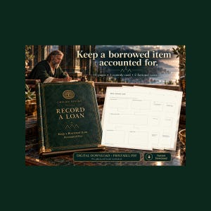 May include: A digital download printable PDF set titled Chilon Rising Record a Loan, featuring a dark green book cover with gold text and a tree emblem, alongside white custody cards with fields for tracking borrowed items and fictional cases.
