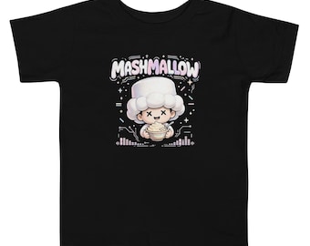 May include: A black short-sleeve t-shirt featuring a graphic of a character with a marshmallow-shaped head wearing a hat, holding a bowl with a spoon. The text MASHMALLOW is printed above the character, surrounded by small stars and lines.