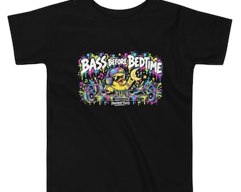 Toddler DJ Tee, Bass Before Bedtime, Neon Street Art Music Lover Outfit