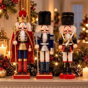 Pode incluir: Três figuras decorativas de quebra-nozes sobre bases vermelhas. A figura da esquerda usa uma coroa dourada e capa vermelha com um cetro. A figura central usa um chapéu preto alto e um machado. A figura da direita usa um chapéu preto e um tambor.