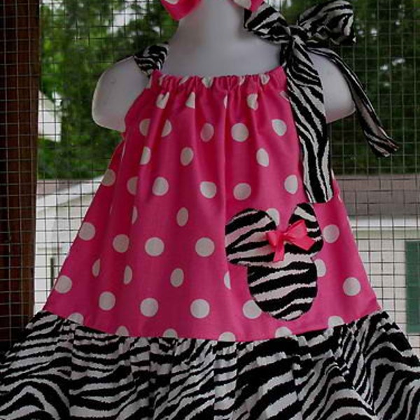 New Handmade ruffle minnie mouse polka dot pink zebra pink ribbon pillowcase dress size 3mos up to 6y
