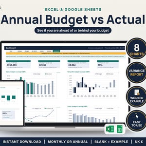 Könnte beinhalten: Ein digitales Dashboard für Excel und Google Sheets mit dem Titel Annual Budget vs Actual. Der Bildschirm zeigt Finanzdaten, Balken- und Liniendiagramme. Runde Abzeichen heben 8 Charts, Variance Report, Worked Example und Easy to Use Funktionen hervor.