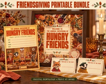 Printbaar pakket met bosdieren-thema voor een Friendsgiving-diner, uitnodiging voor een retro dierendiner, welkomstbord, naamkaartjes en Thanksgiving-spelletjes.