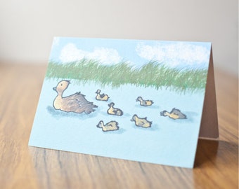 Mom and baby ducks / Hand illustrated A6 art card or A4 giclée art print / Pop art / Kids room / Nursery decor / Gifts for animal lovers