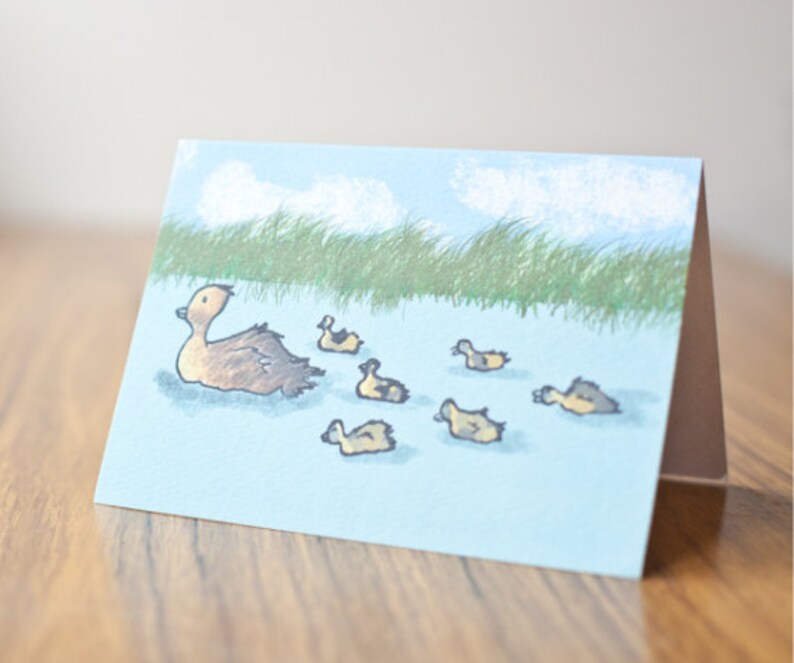 Mom and baby ducks / Hand illustrated A6 art card or A4 giclée art print / Pop art / Kids room / Nursery decor / Gifts for animal lovers image 1