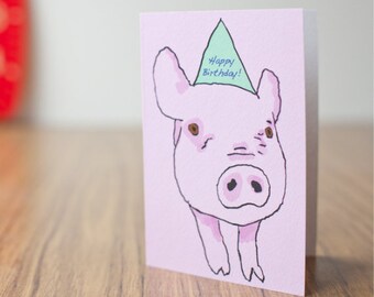 Pig birthday card / Hand illustrated A6 art card or A4 giclée art print / Pop art / Kids room / Nursery decor / Gifts for animal lovers