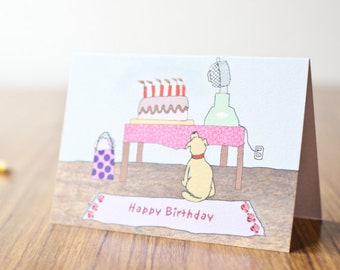 Dog & cake / Hand illustrated A6 art card / Happy birthday / Pop art / Birthday card invite / Gifts for animal lovers