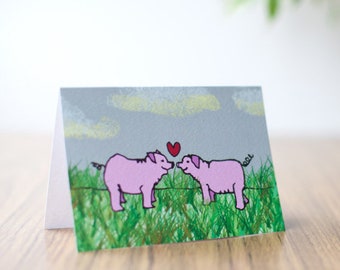 Pigs Kissing / Hand illustrated A6 art card or A4 giclée art print / Pop art / Nursery decor / Gifts for animal lovers
