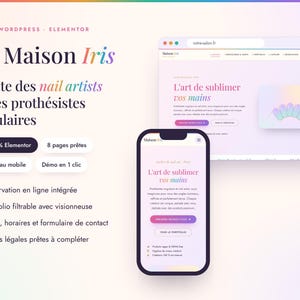 May include: A WordPress website template for nail artists titled Maison Iris, displayed on a desktop browser and a smartphone screen. The design features a soft gradient background, purple text, and buttons, showcasing a portfolio and booking system.