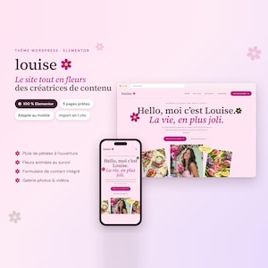 Peut inclure: Une présentation de produit numérique pour le thème WordPress Louise avec une maquette d'interface bureau et mobile. Le design utilise un fond rose clair avec du texte rose foncé, des icônes de fleurs et des captures d'écran du site Hello, moi c'est Louise. La vie, en plus joli.