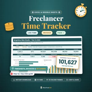 Könnte beinhalten: Ein digitaler Freelancer Time Tracker für Excel und Google Sheets mit einem Dashboard, das Datentabellen, Diagramme und Kennzahlen enthält. Die Benutzeroberfläche zeigt Einnahmen, Arbeitsstunden und Rechnungsstatus sowie Symbole für Uhr und Münzen.