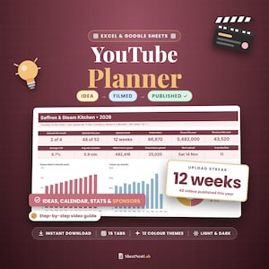 Könnte beinhalten: Ein digitaler YouTube-Planer für Excel und Google Sheets mit einem Dashboard für Kennzahlen wie Abonnenten, Aufrufe und Einnahmen. Die Oberfläche zeigt eine 12-wöchige Upload-Serie, den Produktionsstatus und Diagramme zum Kanalwachstum.