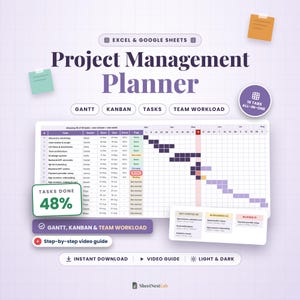 Project Management Planner: Gantt Chart, Kanban and Task Tracker (Google Sheets, Excel)