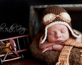 Crochet Aviator Hat and Scarf Set - Photo Prop - With Goggles