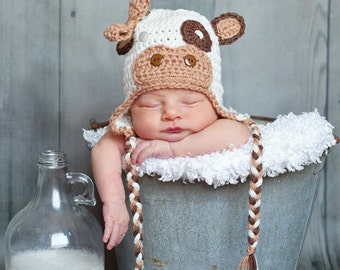 Crochet Gender Neutral/Unisex Cow Earflap Hat - Photo Prop