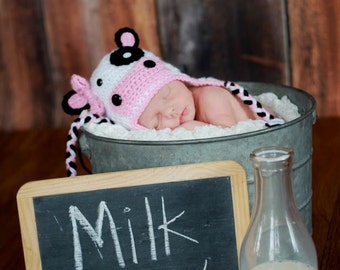 Crochet Cow Earflap Hat - Photo Prop