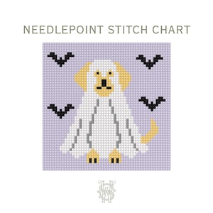 May include: A needlepoint stitch chart featuring a pixelated golden retriever wearing a white ghost costume against a light purple background. Four black bats are positioned around the dog. The text NEEDLEPOINT STITCH CHART is at the top.