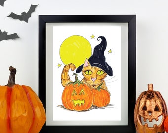 Cute Magical Halloween Witch Cat Drawing Decor Print Moon Pumpkins Jack'o'lantern Art Print Wall Decor