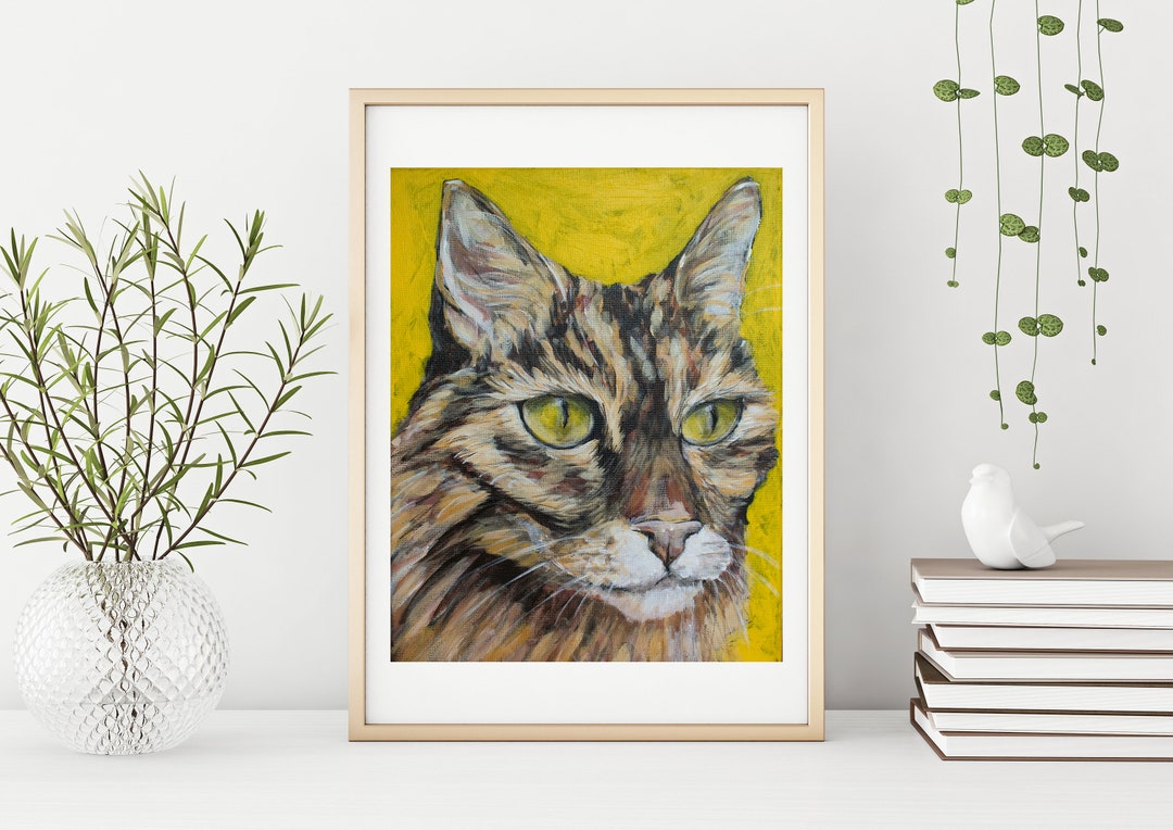 Long Haired Tabby Maine Coon Cat Maple Painting Print Portrait Art ...