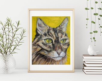 Long Haired Tabby Maine Coon Cat Maple Painting Print Portrait Art Print Wall Decor