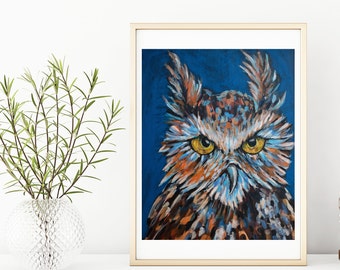 Colorful Owl Portrait Art Print: Blue, Orange, Yellow Eyed