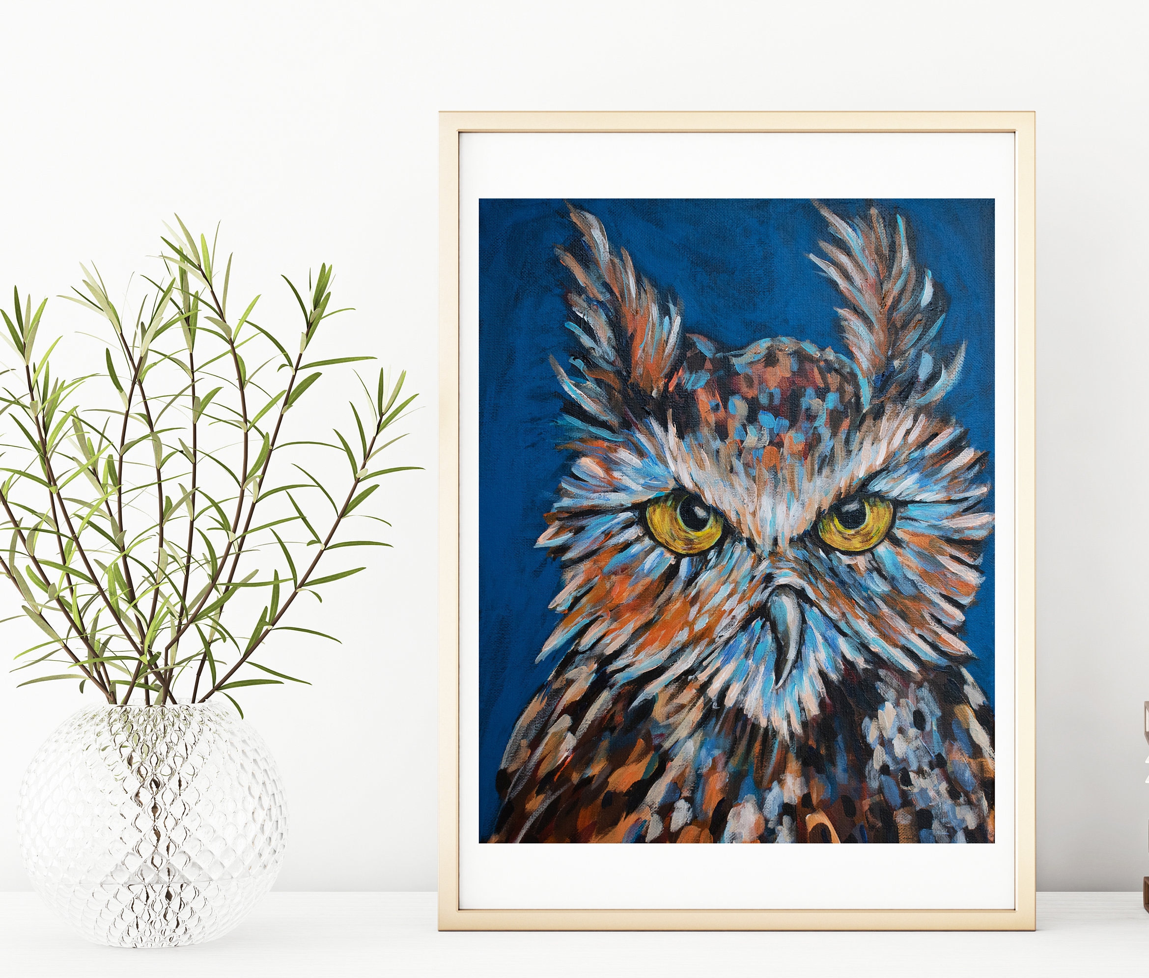 Colorful Owl Portrait Art Print: Blue, Orange, Yellow Eyed