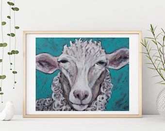 羊の絵画アートプリント：キャンバスに描かれた農場の動物の肖像画