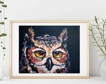 Colorful Owl Portrait Art Print: Vintage Style Nursery Decor