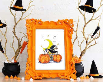 Halloween Spooky Magical Cat Witch Jack'o'Lantern Pumpkin Moon Orange Drawing Art Print Wall Decor