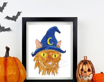 Halloween Wizard Cat Drawing Art Print Wall Decor Kids Art