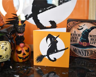 Witchy Kitten Halloween Card: Cat on Broomstick Greeting Card