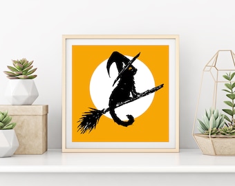 Witchy Cat Art Print: Halloween Kitten on Broomstick Wall Decor