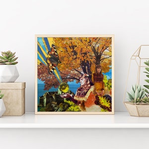 Herbst Herbst Mixed Media Collage Kunstdruck Schloss Königin Prinzessin Retro Vintage Magische Mystische Kristall Blätter Schmetterling Psychedelische Pagan Wall