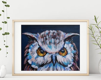 Angry Owl Portrait Art Print: Acrylic Painting Wall Decor