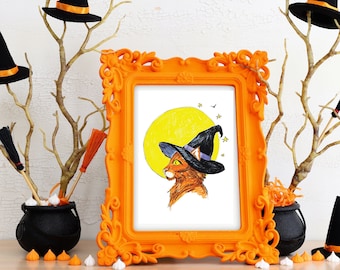 Halloween Orange Witch Cat Full Moon Magical Drawing Art Print Wall Decor