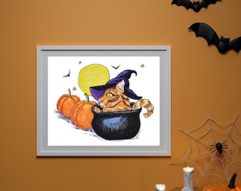 Halloween Witch Cat in A Caldron with Pumpkins Art Print Kids Wall Decor