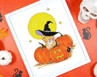 Witchy Cat Halloween Art Print: Full Moon, Pumpkins