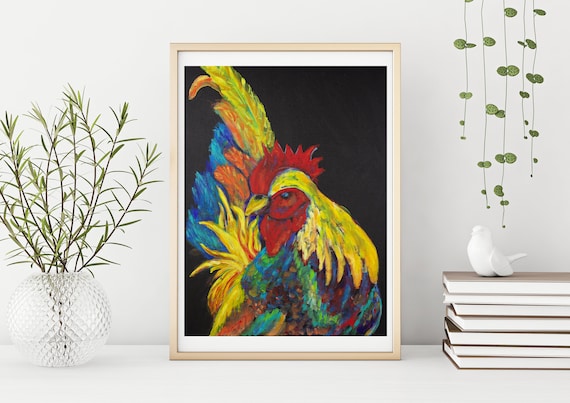 Colorful Abstract Rooster Decor Nursey Kitchen Painting Fine Art Print Rooster Neon Feathers Painting Rainbow Chicken Image Picture