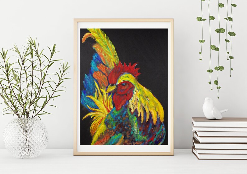 Colorful Abstract Rooster Decor Nursey Kitchen Painting Fine Art Print Rooster Neon Feathers Painting Rainbow Chicken Image Picture