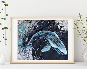 Cosmic Whale Art Print: Fluid Pour Galaxy Painting Wall Decor