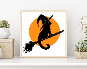Witchy Kitten-kunstafdruk: Halloween-kat op bezemsteel muurdecoratie