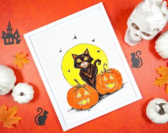Impressão de arte vintage de Halloween: Gato preto, Jack O'Lantern, Lua cheia