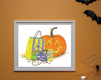 Halloween Cat with Candy Corn and Pumpkins Art Print Kids Wall Decor