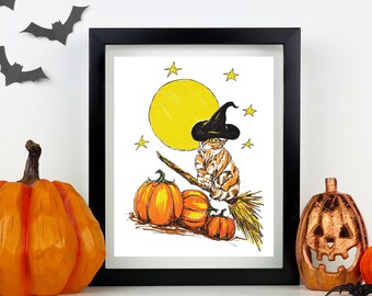 Witchy Cat Flying on Broomstick Over Halloween Pumpkins Art Print Wall decor