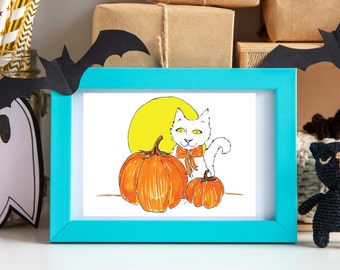 Cute White Cat with Bow Halloween Pumpkin Illustration Drawing Art Print Wall Decor