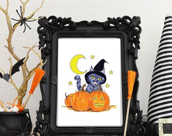 Magical Cute Halloween Witch Cat with Pumpkins Jack'o'Lantern's Moon Drawing Illustration Decoration Art Print Wall Decor