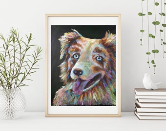 以下が含まれることがあります： 黒い背景に描かれた犬の顔のカラフルな絵画。犬は茶色と白の毛並みで、青い目とピンクの舌が突き出ています。絵画は、さまざまな色とテクスチャを使用したスタイルで描かれています。