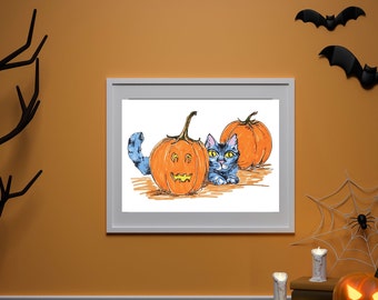 Halloween Cat Art Print: Witchy Kitten, Pumpkins, Jack'o'Lantern