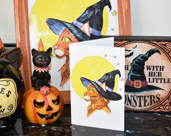 Witchy Cat Halloween Greeting Card: Full Moon Giclee Print