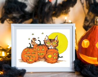 Cute Magical Halloween Orange Tabby Cat with Pumpkins Jack'o'Lanterns Moon Drawing Art Print Wall Decor